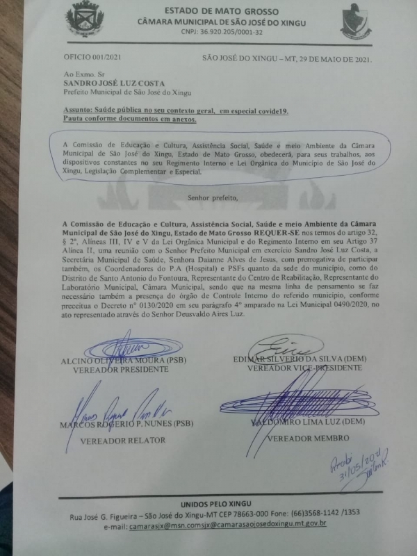 Vereadores Membros da Comissão da Saúde de São José do Xingu se reúnem com Prefeito e Secretária de Saúde para discutir sobre a saúde do município.